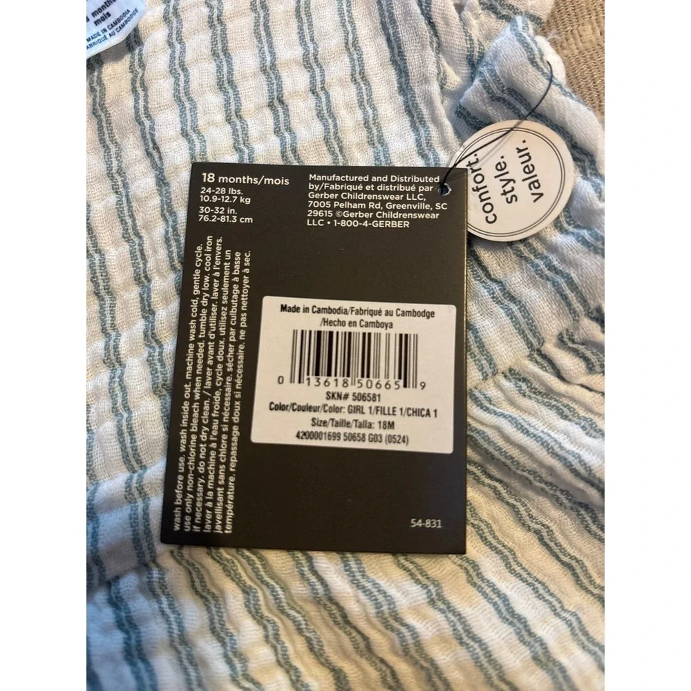 Modern Moments by Gerber Baby Girl‎ Blue Striped Cotton Flutter Dress 18M (B1)